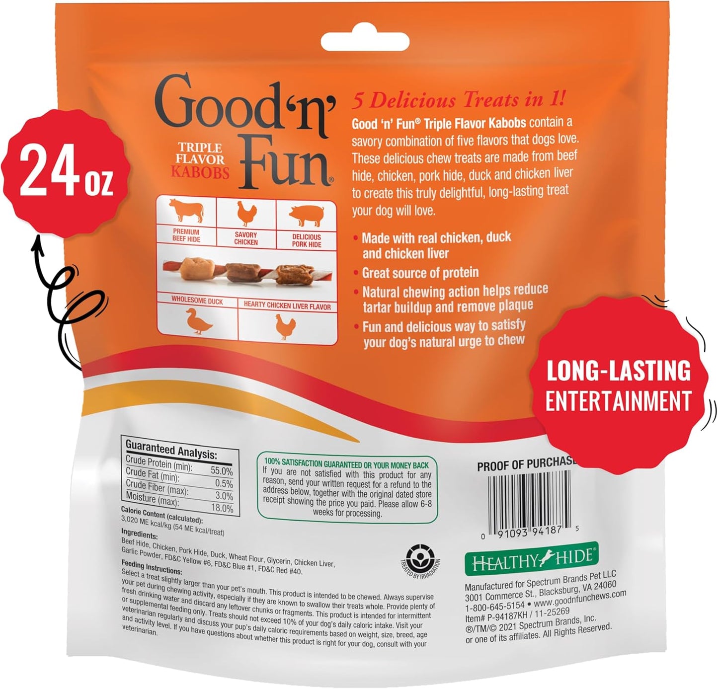 Long-Lasting Dog Treat Kabobs - Real Proteins with Beef Hide & Chicken | Supports Dental Health, 24 oz