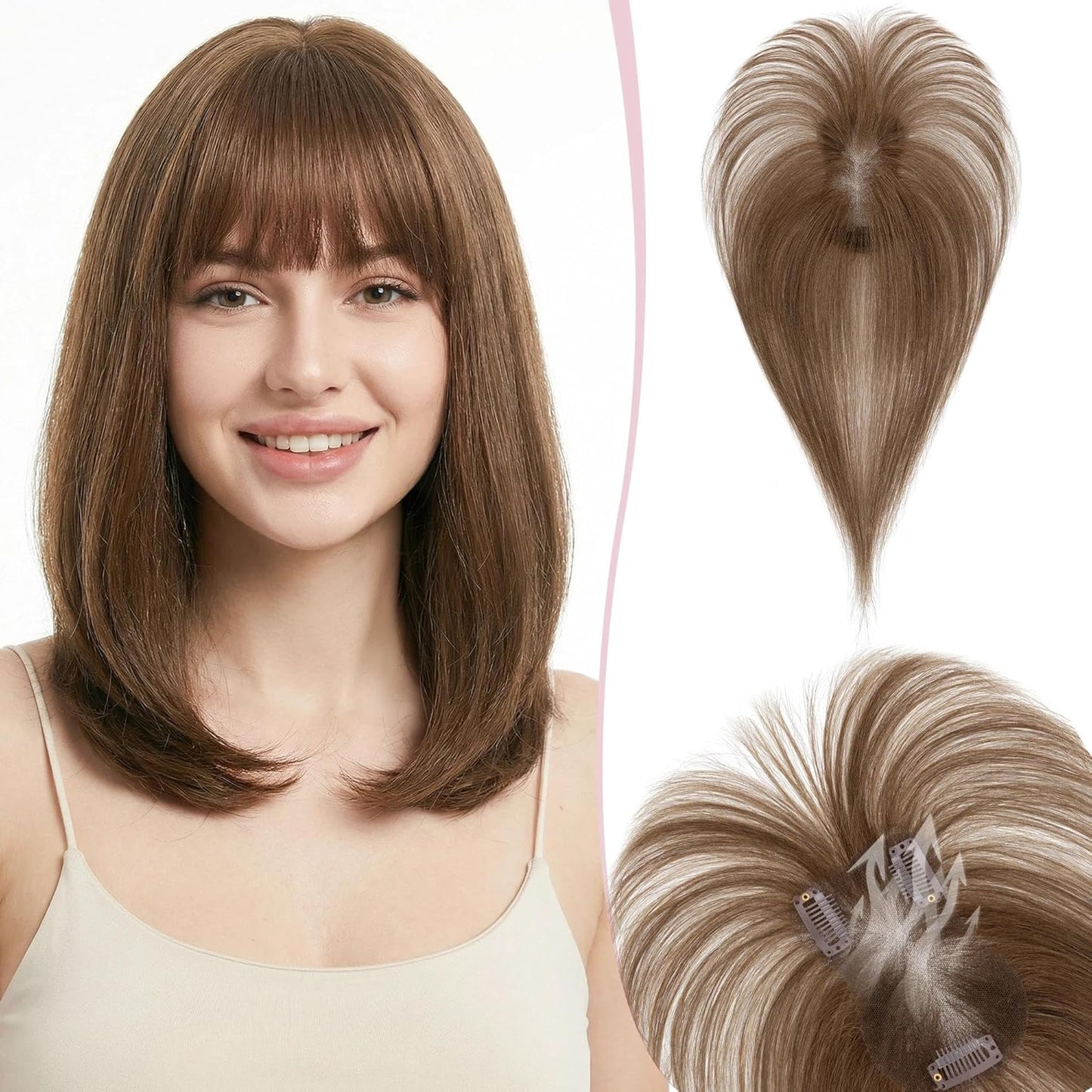 Real Human Hair Toppers for Women - Hand-Tied Clip-In Hairpieces with Side Bangs | 11-Inch Dark Brown