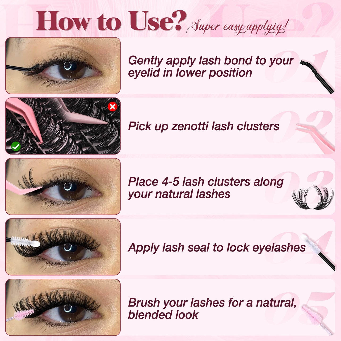 Lash Clusters Kit, 640PCS Natural Eyelash Clusters Kit 30D 40D 50D 60D Wispy Cluster Eyelash Extensions 9-16mm Daily Look Individual Lashes Soft Band with Lash Bond & Seal Tweezers Brush by zenotti