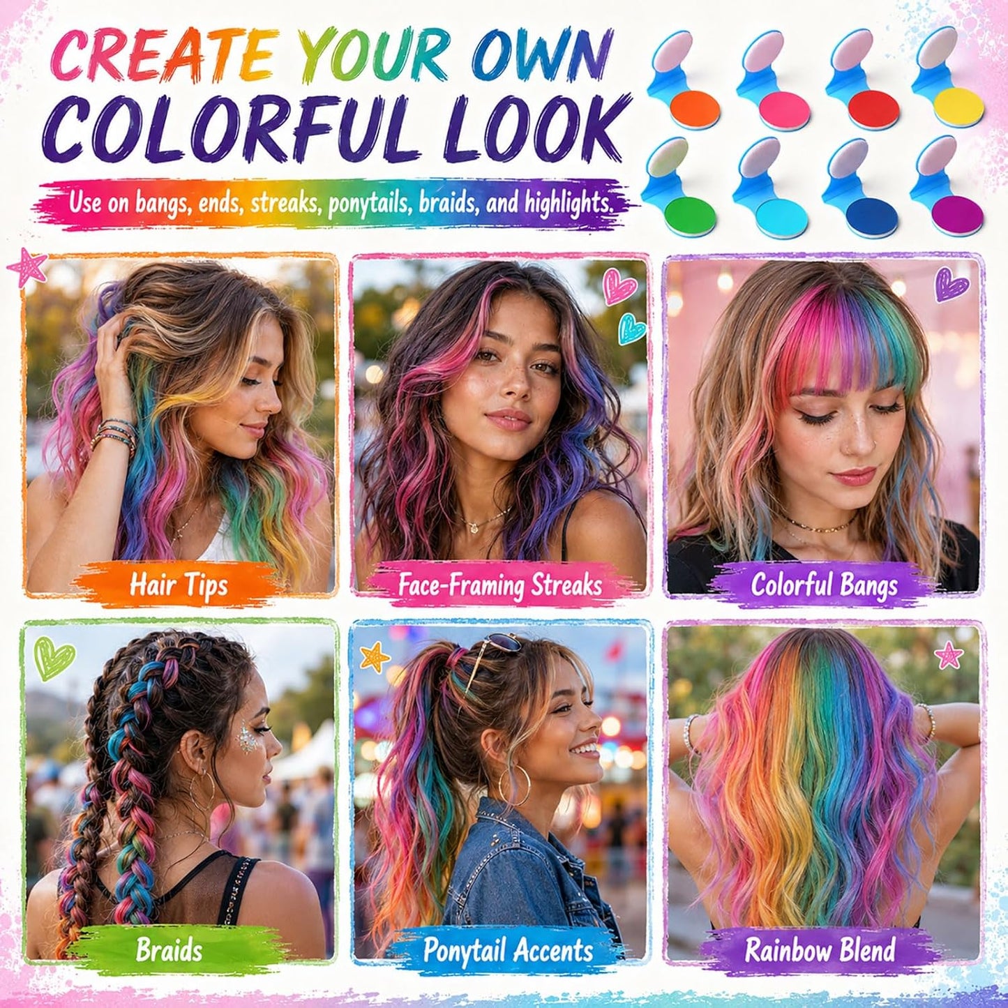 Temporary Hair Chalk - Washable Hair Dye for Festivals & Events | 8 Vibrant Colors for DIY Party & Cosplay