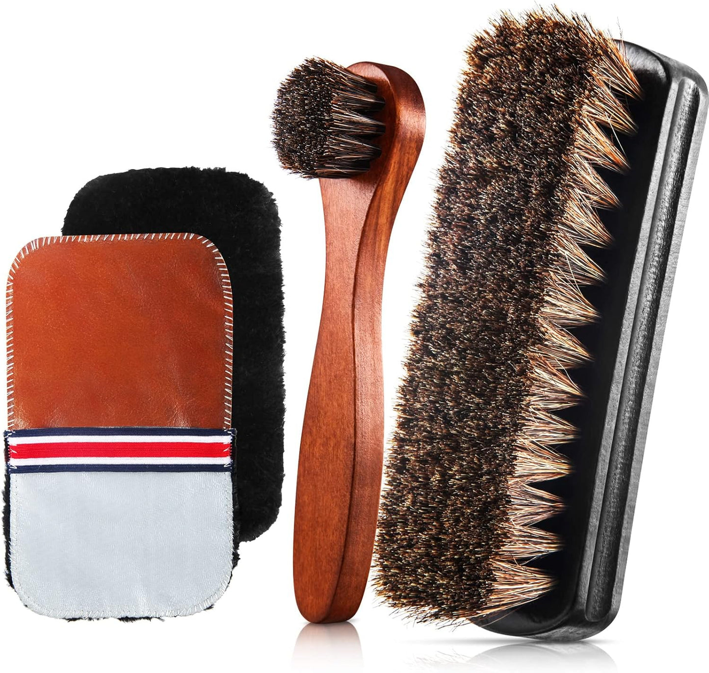 Horsehair Shoe Brush Kit - 4 Pcs Leather & Suede Cleaning Brushes with Microfiber Gloves | Shoe Care Essentials