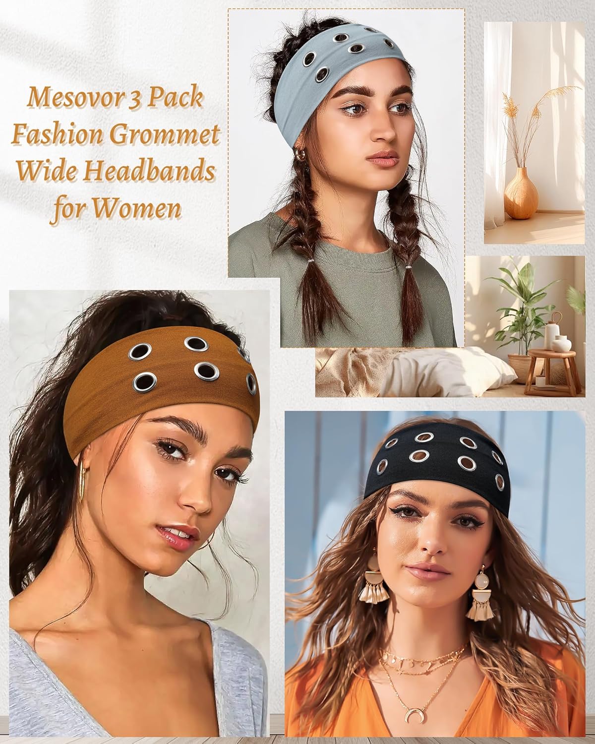 Fashion Grommet Wide Headbands for Women - Y2K Punk Grunge Style | 3 Pack in Black, Coffee, Light Gray (3.9" Wide)