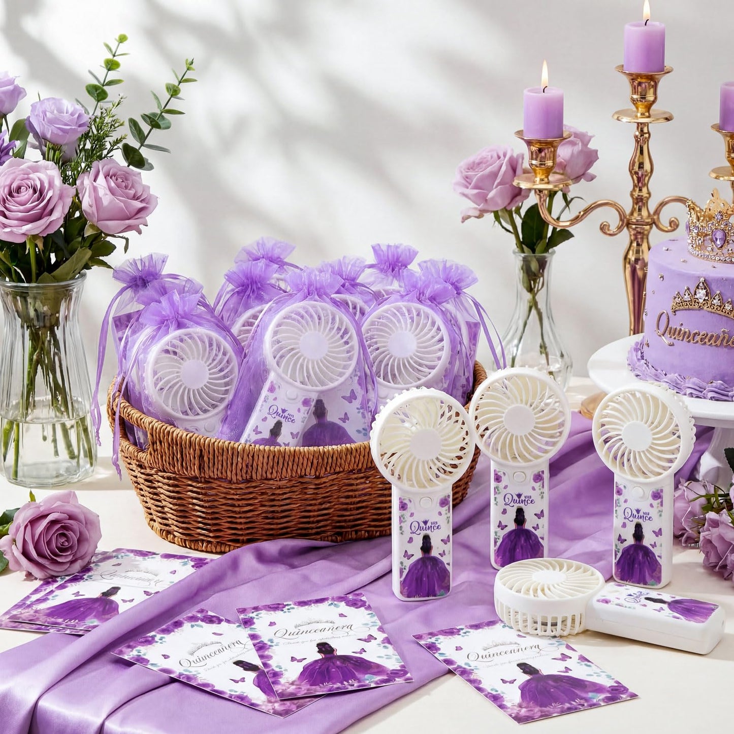 Tuanse 25 Set Recuerdos Para 15 Años Quinceañeras Quinceanera Fan Party Favors Gifts for Guests Portable Handheld Electric Fans with Thank You Cards Organza Bags for Birthday Decor Guests(Purple)