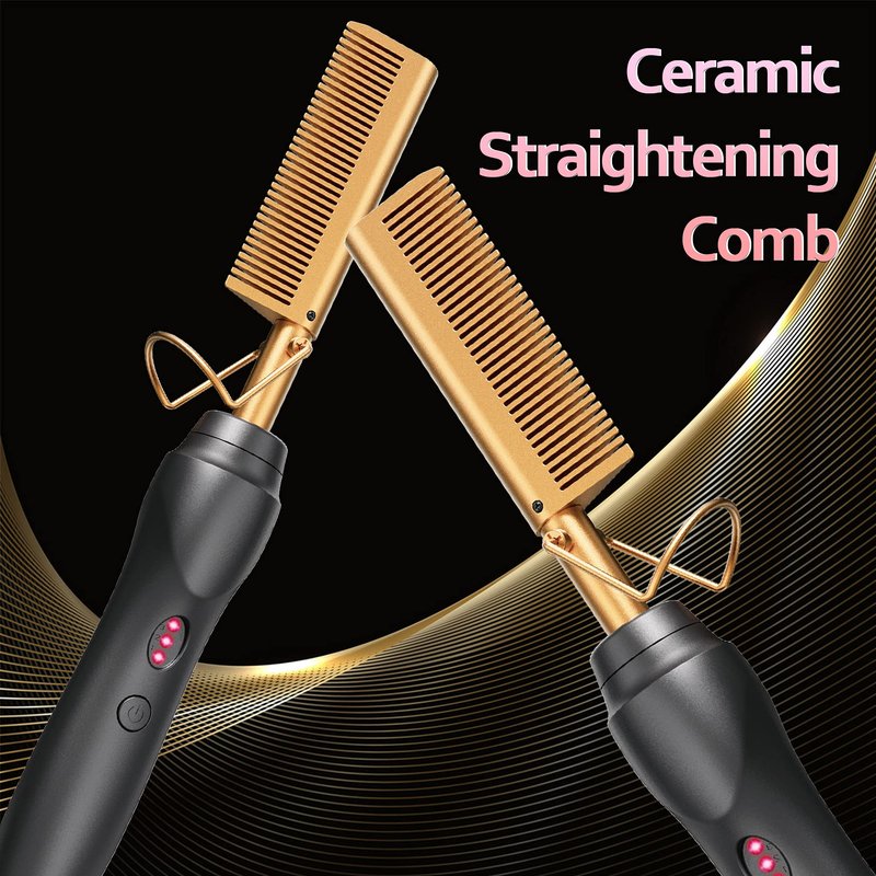 Electric Hot Comb Hair Straightener - Pressing Combs, Ceramic Hair Straightening Comb, Curling Iron for Natural Black Hair Men Beard or Holiday Gift - Glod 3 In1