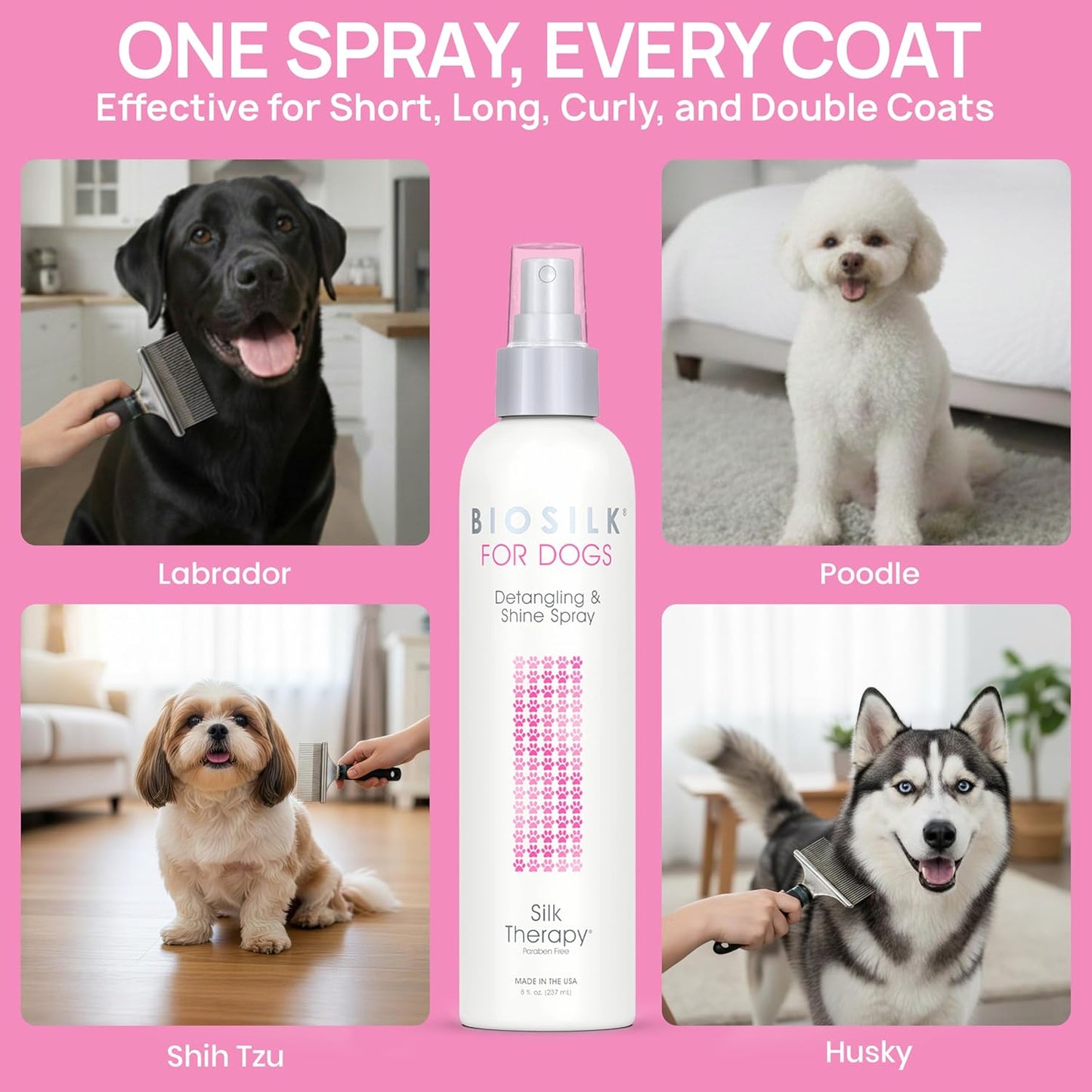 BioSilk for Dogs Detangling & Shine Spray - pH Balanced Leave-In Mist with Silk & Vitamins | 8 Fl Oz
