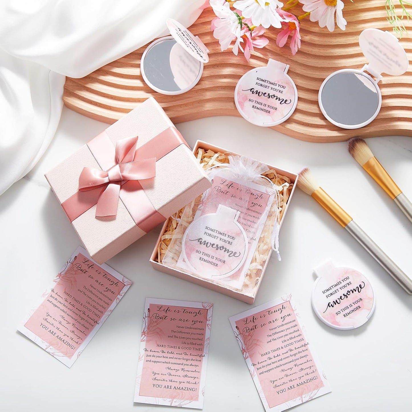 Inspirational Compact Mirror Set - 25 Bulk Gifts for Women | 2.76-Inch Portable Folding Mirror in Pink Marble