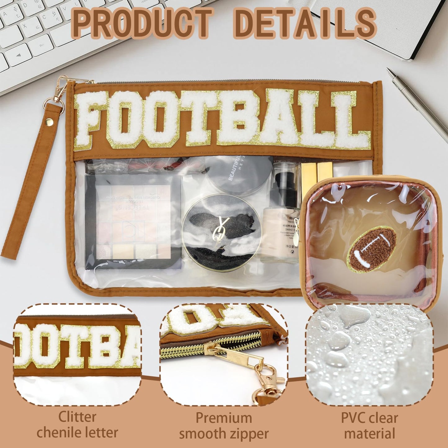 SUILU 2 Pcs Football Gifts Makeup Bag with Chenille Letter Patch,with Handles PVC Waterproof Clear Makeup Bag,Portable Toiletry Storage Bag,Players & Fans Birthday, Team or Sports Lover Presents