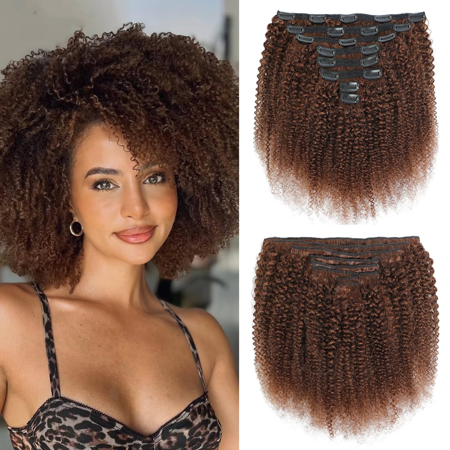 Afro Kinky Curly Clip Ins Human Hair 4C Hair Clip in Extensions Real Natural Human Hair for Black Women 8 pecs with 20 Clips 120g Dark Brown Color 18 Inch