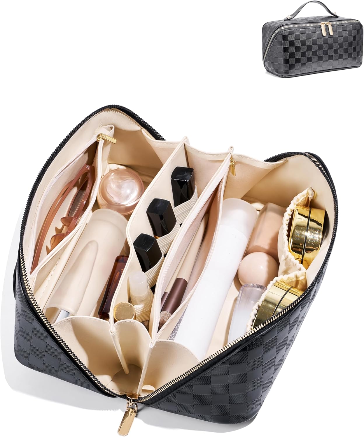 Large Capacity Travel Cosmetic Bag - Waterproof PU Leather Makeup Organizer with Dividers | Stylish Checkered Design
