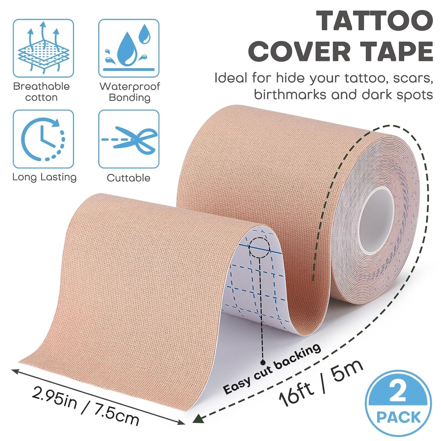 Tattoo Cover Up Tape - 2 Rolls of 3"x16.4ft Water-Resistant Skin Tone Patches | Conceal Tattoos, Scars & Birthmarks - Light Tan