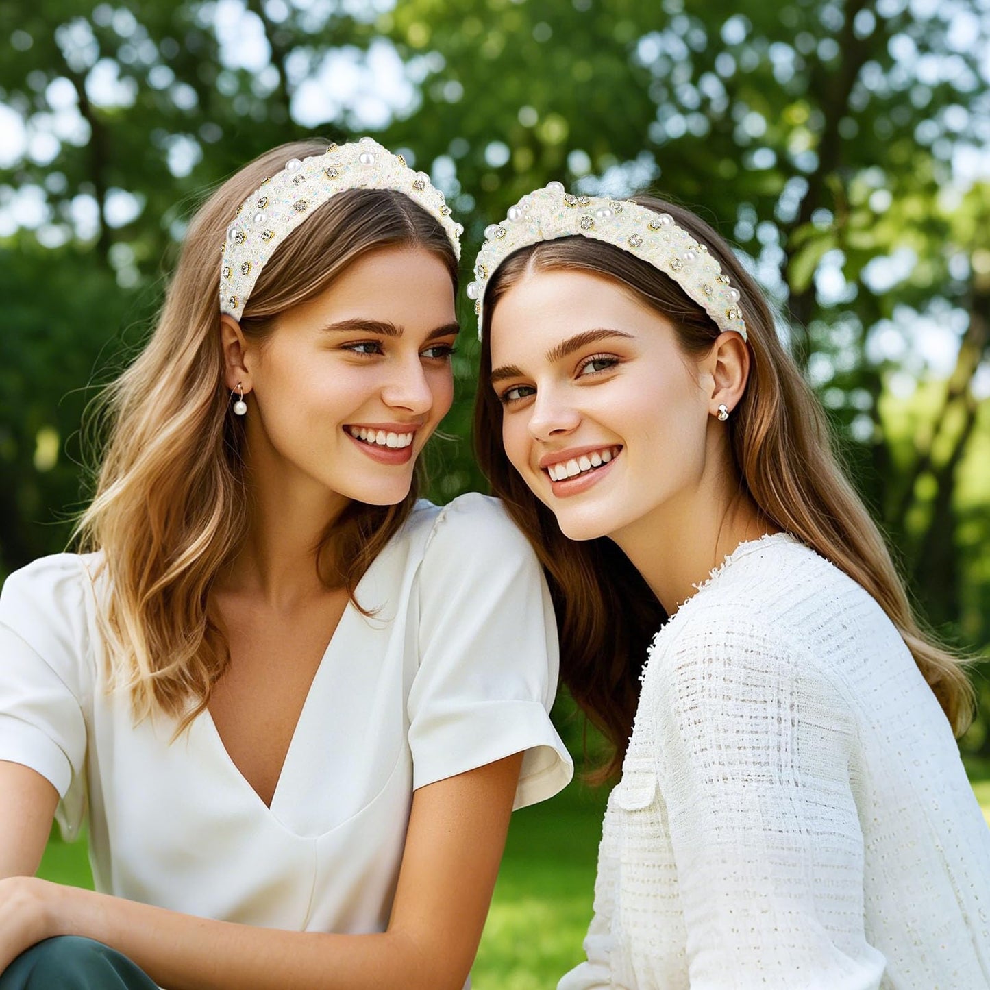 CURASA Knotted Headband For Women Girls White Pearl Rhinestone Checkered Head Band Non Slip Elegant Wide Hairband Top Knot Trendy Bride Headpiece Crystal Beaded Jeweled Embellished Hair Accessories