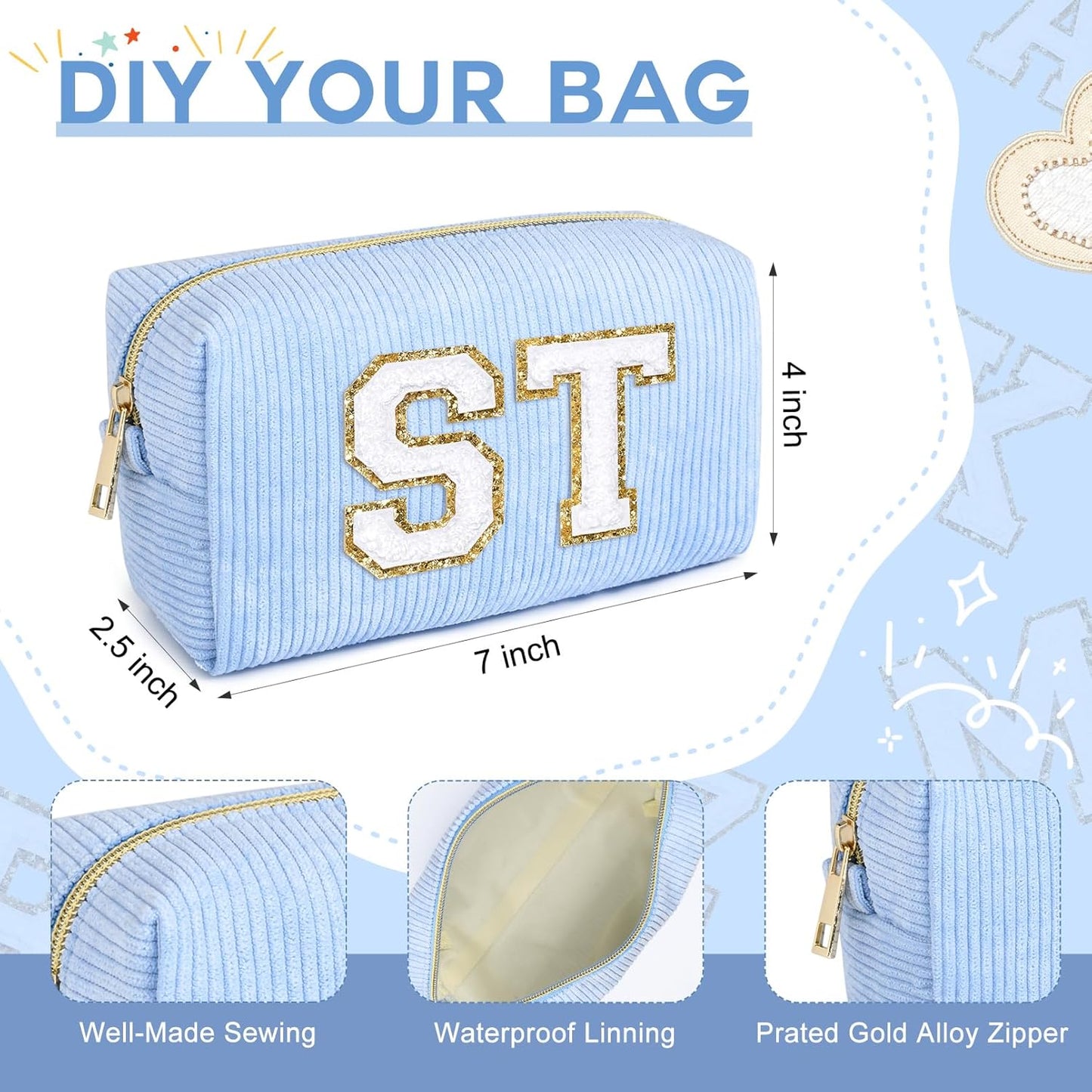 Bridesmaid Proposal Gifts - 6PCS Corduroy Blue Makeup Bags | Wedding Party Favors & Toiletry Organizers