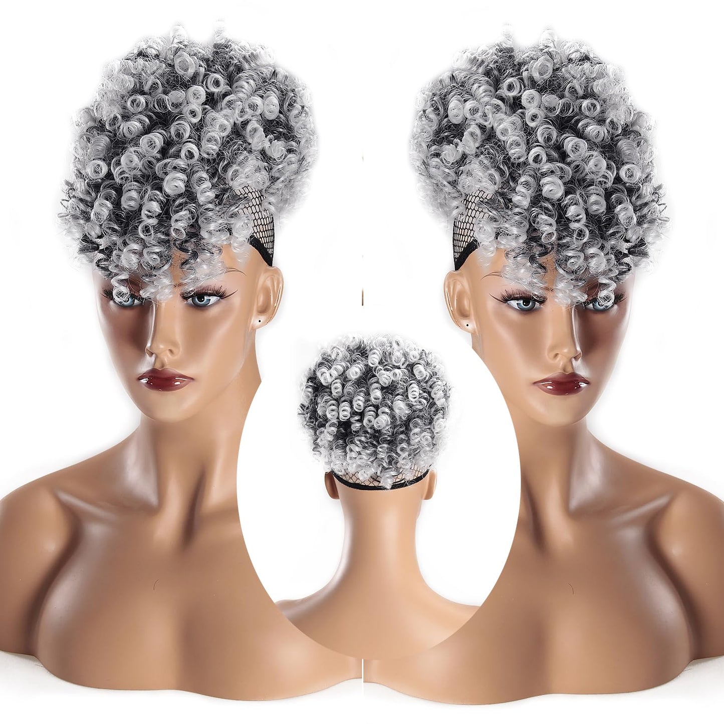 SuyiIRL Gray Afro Puff Drawstring Ponytail with Curly Hair Pieces Clip in Bangs Short Ponytail Hair Extensions drawstring ponytail for Black Women, T1B/Gray