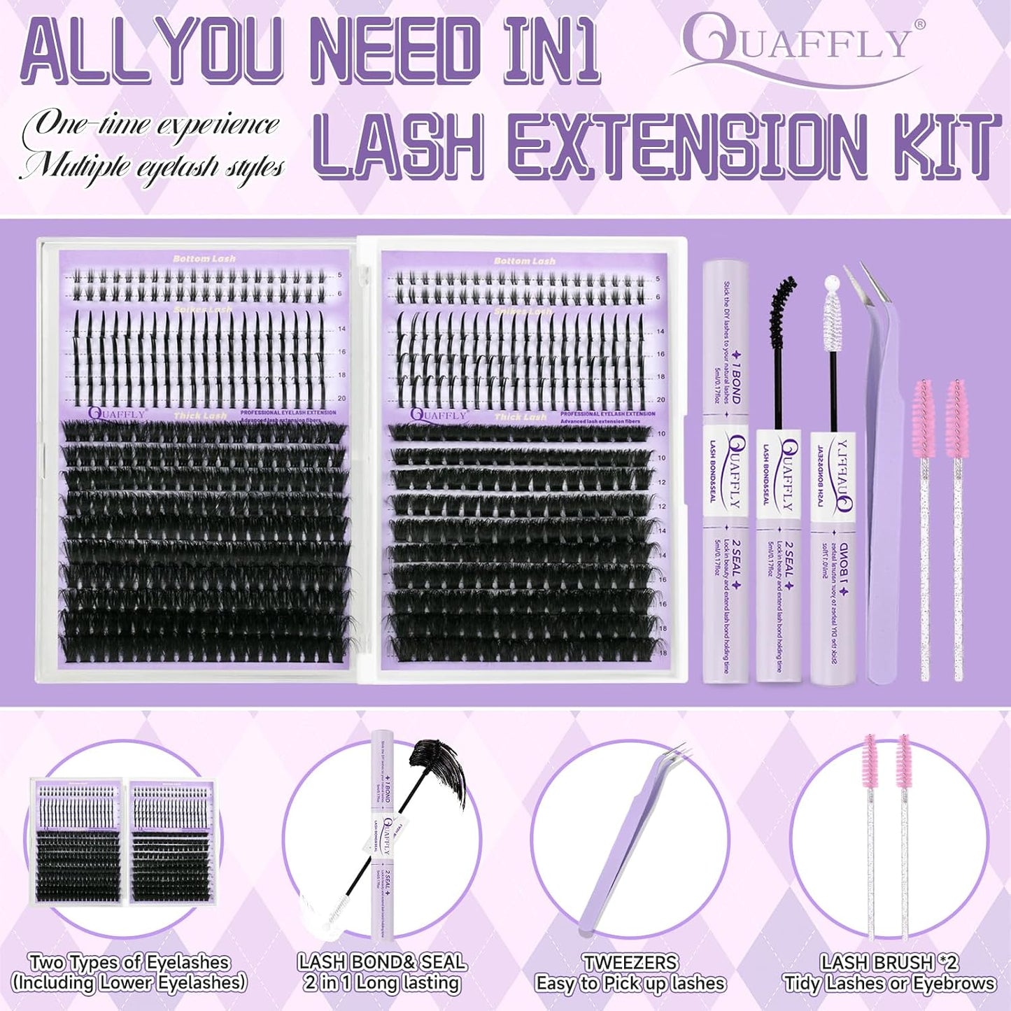 DIY Lash Extension Kit - 100D & 150D Volume Lash Clusters with Spikes | Wispy Bottom Lashes, Bond & Seal, Easy Application