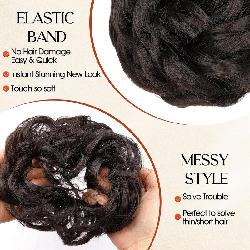 RONTAYA Messy Bun Hair Piece - Wavy Curly Synthetic Updo Extension | Dark Brown 2PCS