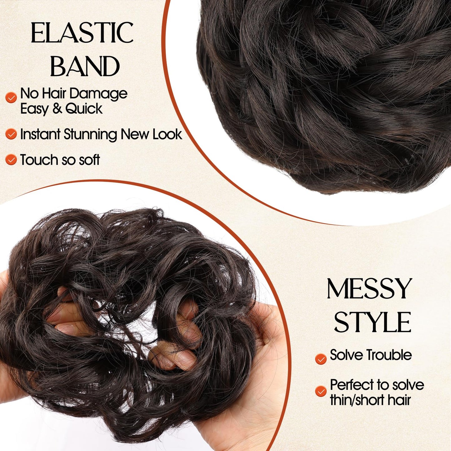 RONTAYA 2PCS Messy Bun Hair Piece Wavy Curly Synthetic Updo Chignon Fake Scrunchies Ponytail Extension for Women Dark Brown