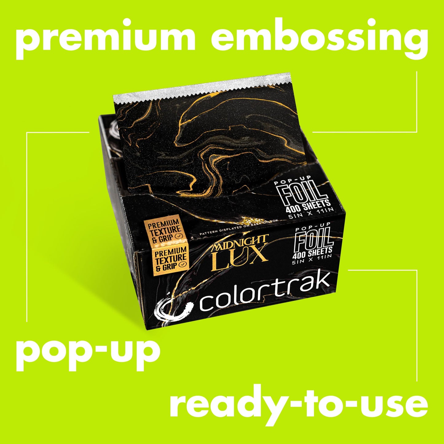 Colortrak Lux Pop-up Foil W/Dispenser (400 Count), Pre-cut Sheets, Non-Slip Embossed Texture, 5" x 11" Sheets for Hair Foil Coloring and Highlighting Sheet Applications