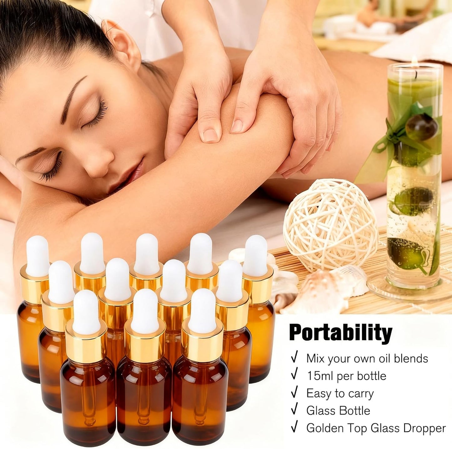 Glass Eye Dropper Bottles - 24 Pack 0.5oz Amber Leakproof Bottles with Golden Caps | Perfect for Essential Oils, Tinctures, Travel