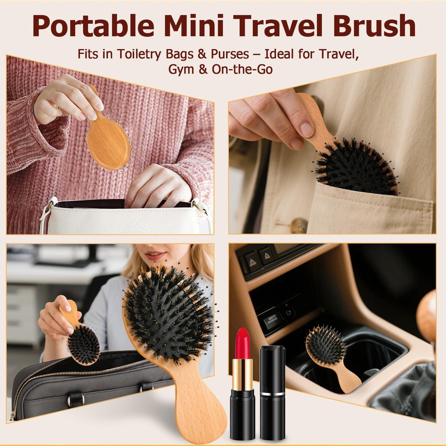 Mini Hair Brush, Travel Small Boar Bristle Hair Brush for Women Gift- Small Portable Compact HairBrush for Girls Kids Women Best Gift, Travel Size for Purse, Vacation, Business Trips & Outings