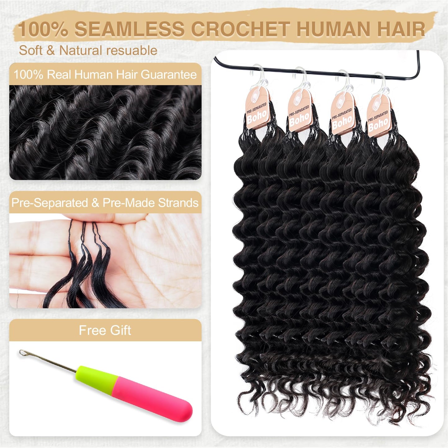 Human Crochet Hair for Black Women 18inch 120g Pre Separated 100 Strands Deep Wave Feather Crochet Human Hair Lightweight & No Itch, Invisible Knots, Easy Install Boho Crochet Hair Bundles