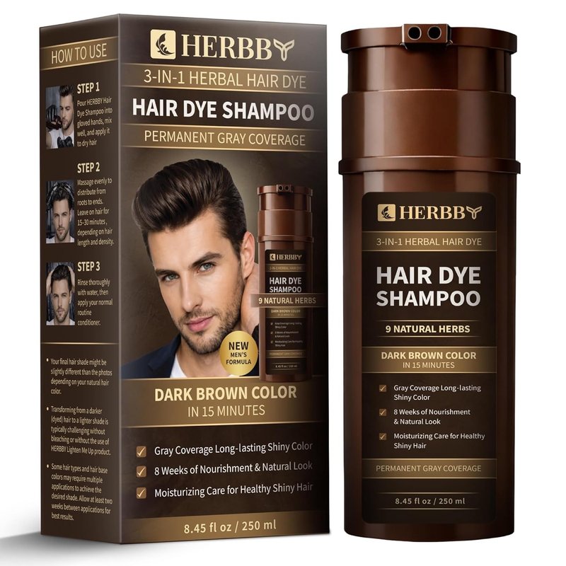 Hair Color Shampoo for Gray Coverage | 9 Herbal Extracts, Long-Lasting Dark Brown, 250ml