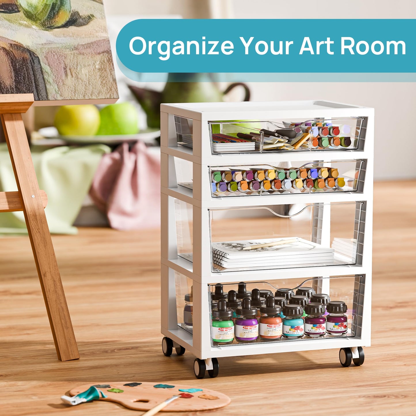 Vtopmart Plastic Drawer Storage Rolling Cart with Wheels, 4-Tier Drawer Organizer for Art Crafts Supplies, Home Office Supplies, Toys, Under Desk Storage for Office, Craft Room, Bedroom, Classroom