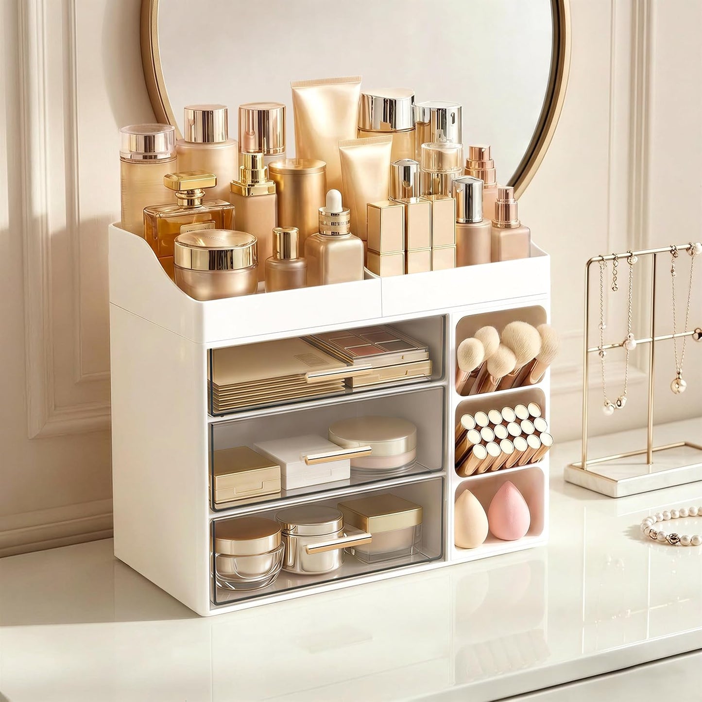 Makeup Organizer - Large Bathroom Countertop Storage with Brush Holder & Drawers | White Skincare Organizer for Vanity