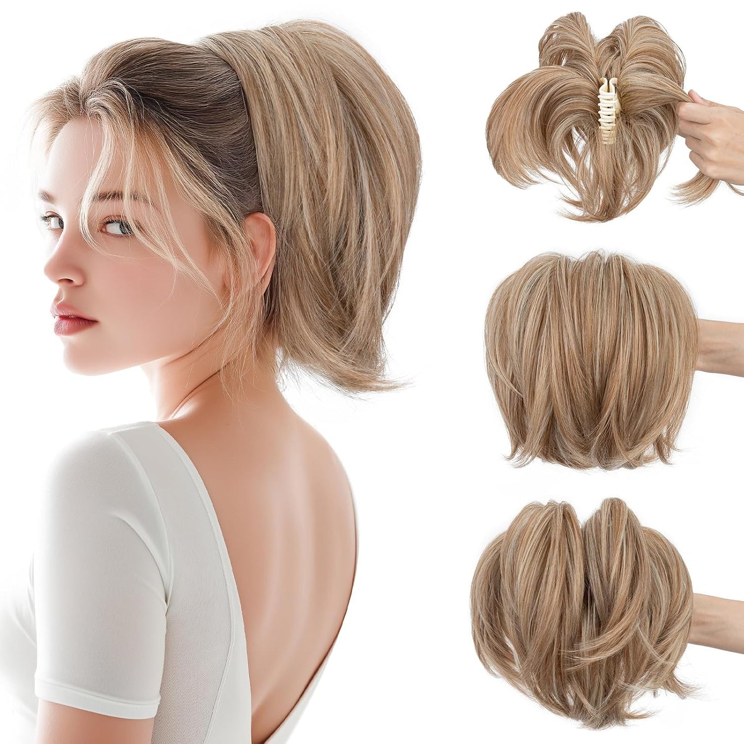 Claw Clip Short Ponytail Hair Extensions - Messy Bun Hair Piece for Women | DIY Bendable Synthetic Hair #12 Light Chocolate Brown