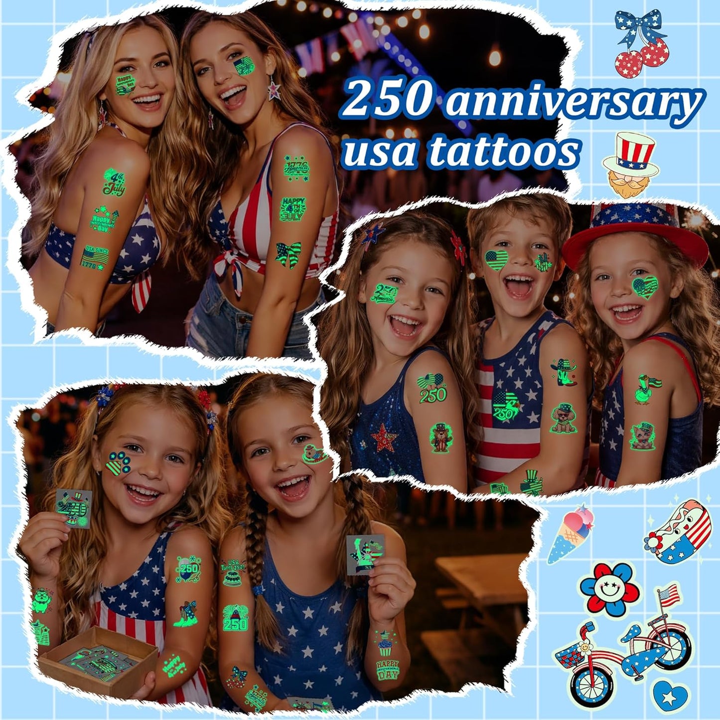 108PCS 4th of July Temporary Tattoos - Glow in the Dark USA Party Favors | Red, White & Blue Independence Day Decorations