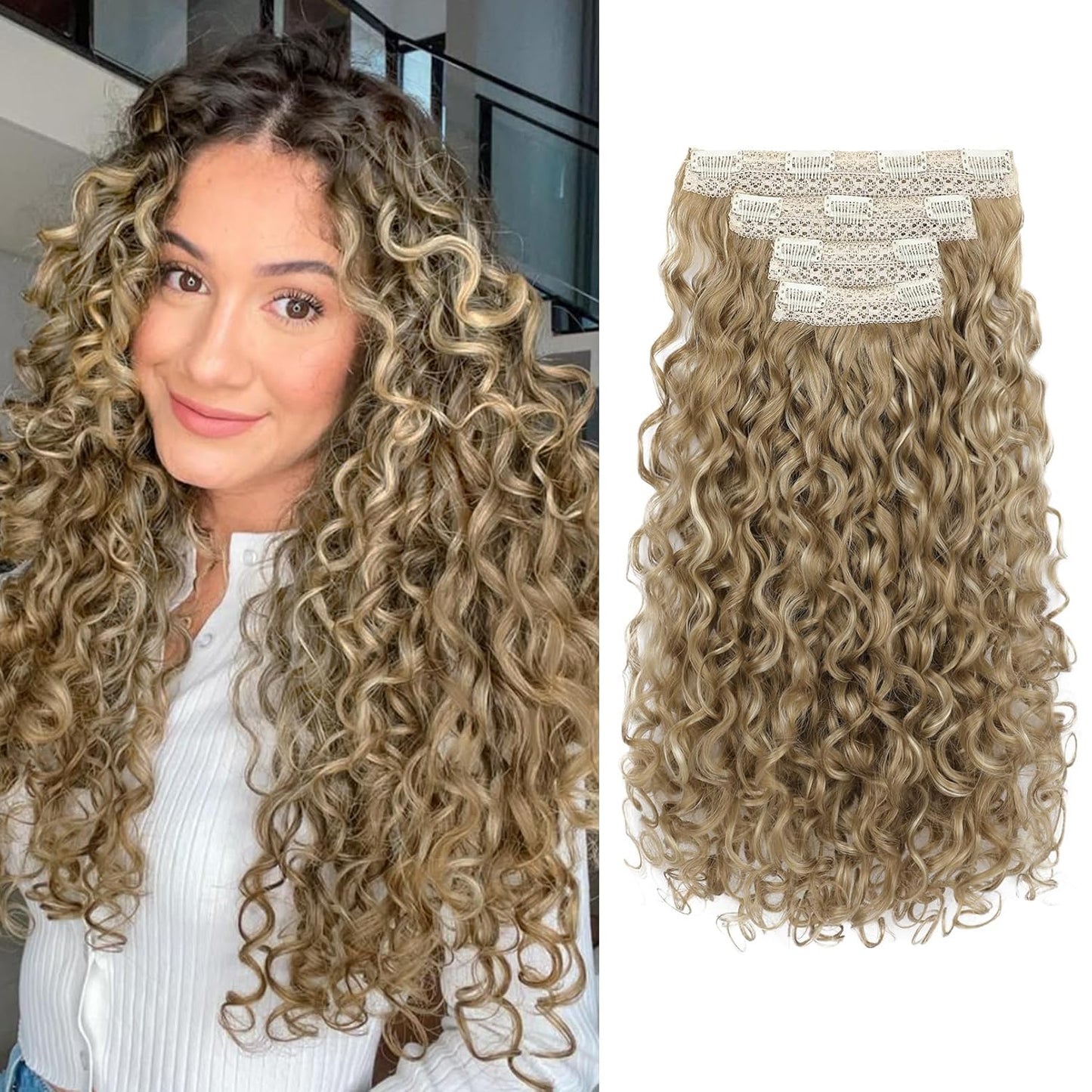 Curly Hair Extensions - 4PCS 18" GoGo Curly Clip-Ins | 100% Protein Hairpieces, Honey Blonde Highlights