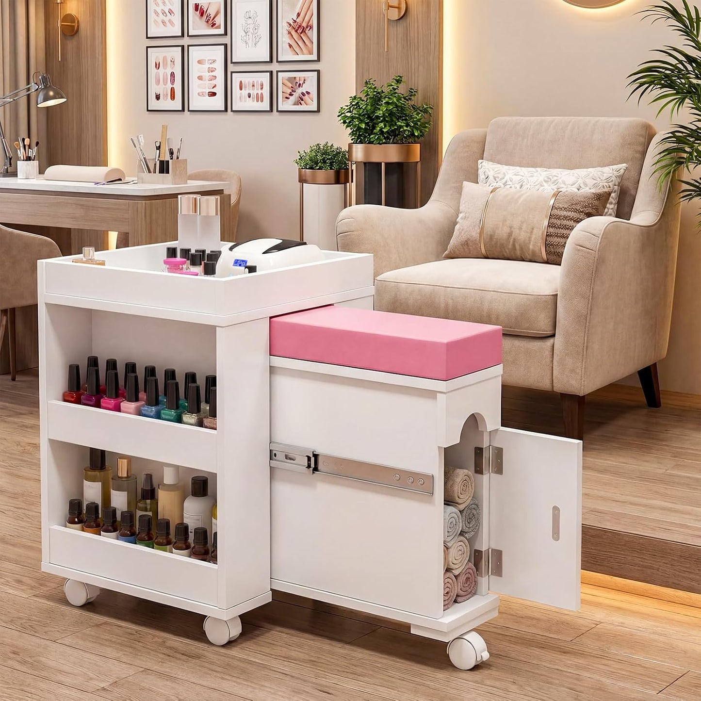 Mobile Pedicure Trolley Cart - Extendable Foot Rest, Wheels & Storage Shelves | 26.3” L for Nail Techs & Home Salons