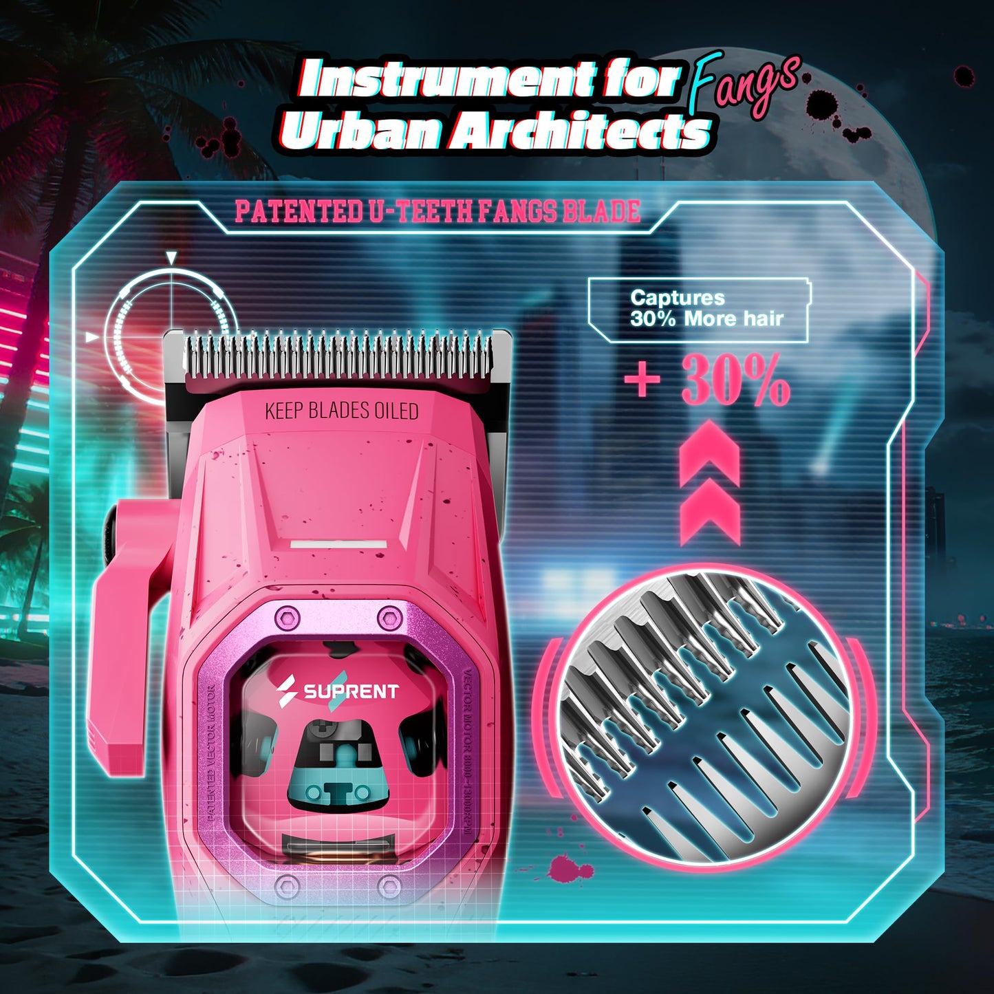 SUPRENT Fangs Professional Barber Clippers - High-Performance 13,000 RPM Vector Motor Hair Clipper Barber Trimmer Set, Professional Haircutting Kit with AI Speed Control, Patented U-Teeth Blade (PINK)