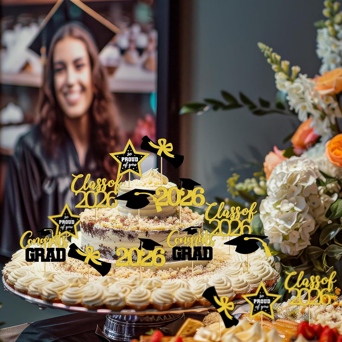 Graduation Cupcake Toppers - 48 PCS Black & Gold Congrats Grad Decorations | Glittery Cap & Diploma Picks for 2026 Party