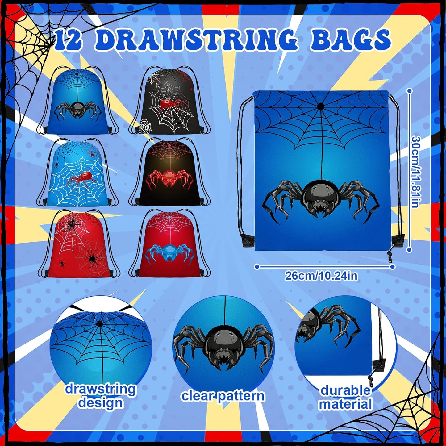 Spider Party Favors - 72 Pcs Birthday Supplies with Goodie Bags, Straws, Cups & Sticky Webs | Fun for Kids' Parties