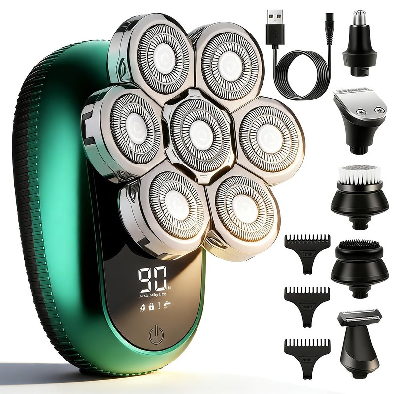 Head Shavers for Bald Men, 6-in-1 Detachable Electric Head Shaver Grooming Kit, 7D Floating Wet & Dry Rotary Shavers, Waterproof, LED Display, Cordless, USB Fast Charging for Hair/Face/Beard