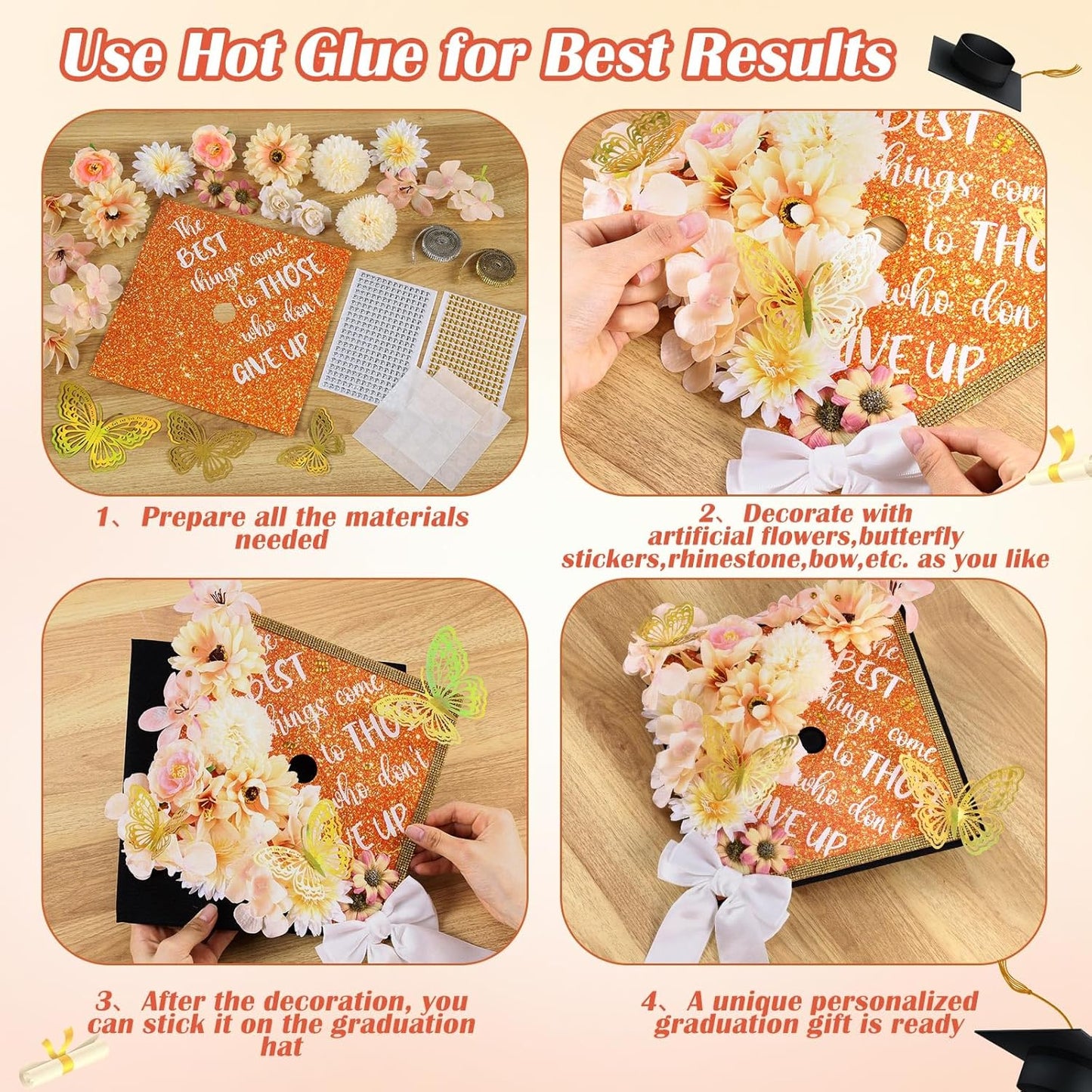 DIY Graduation Cap Decorations Kit - 40 Pcs with Flowers, 3D Butterflies & Rhinestones | Orange