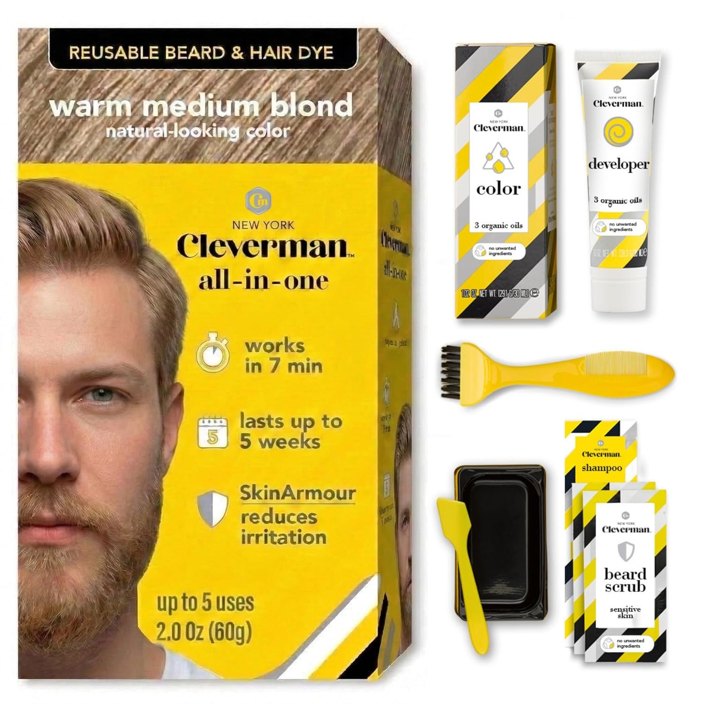 Reusable Hair & Beard Dye for Men - Medium Brown | Natural Gray Coverage, No-Drip Cream, Up to 5 Uses