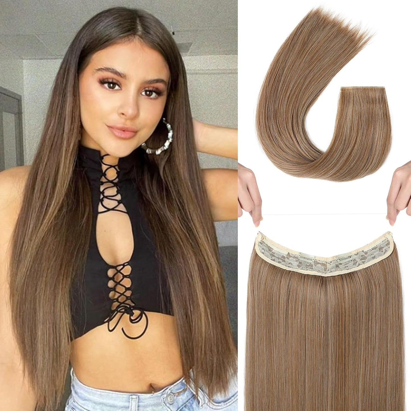 Invisible Wire Hair Extensions - Adjustable Transparent Headband | 24 Inch Dark Blonde Secret Hairpiece for Women