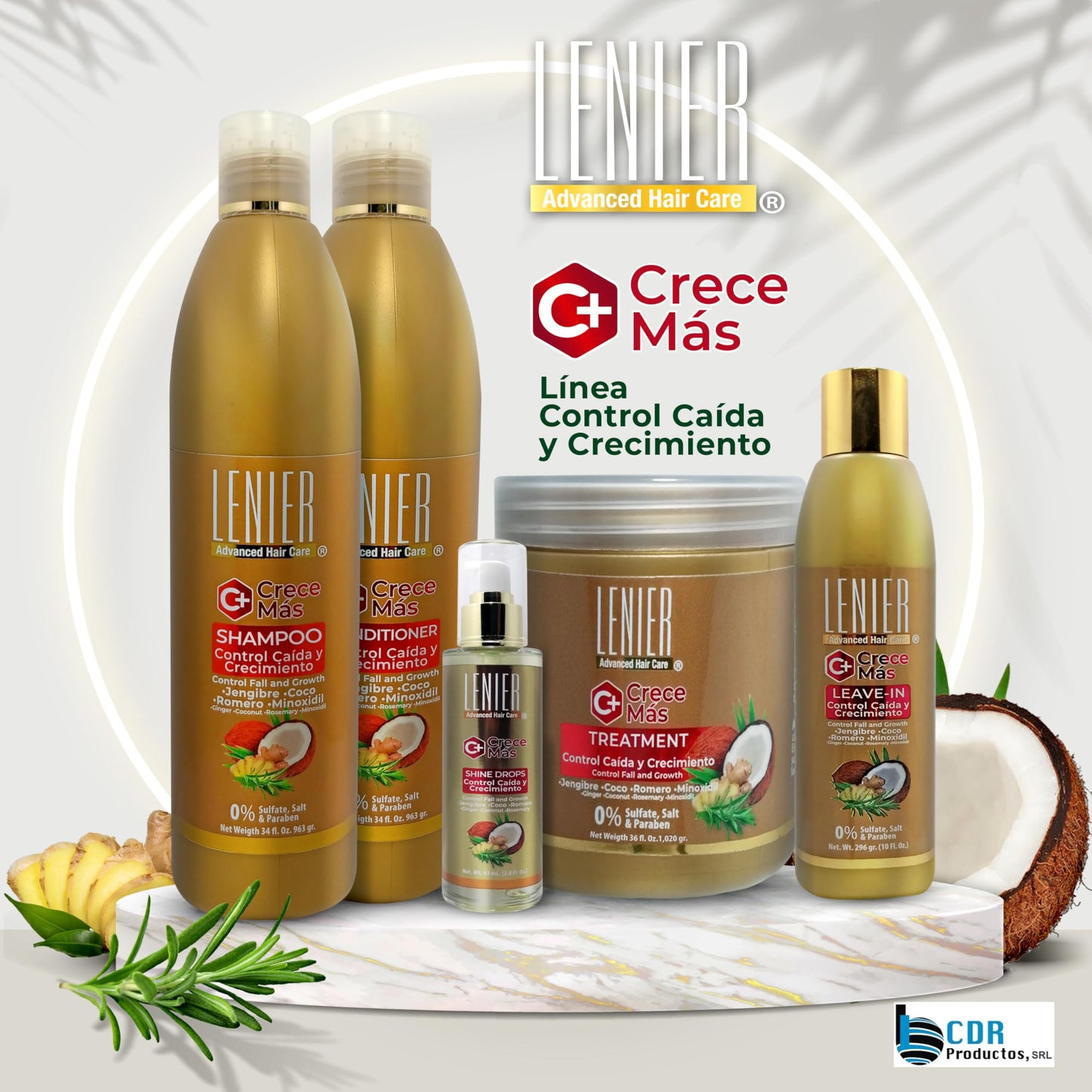 Lenier Shampoo Crece Más – Promotes Hair Growth & Control Fall | With Coconut Oil, Rosemary & Ginger | Clean & Refreshing | Sulfate-Free, Salt-Free, Paraben-Free 17 oz