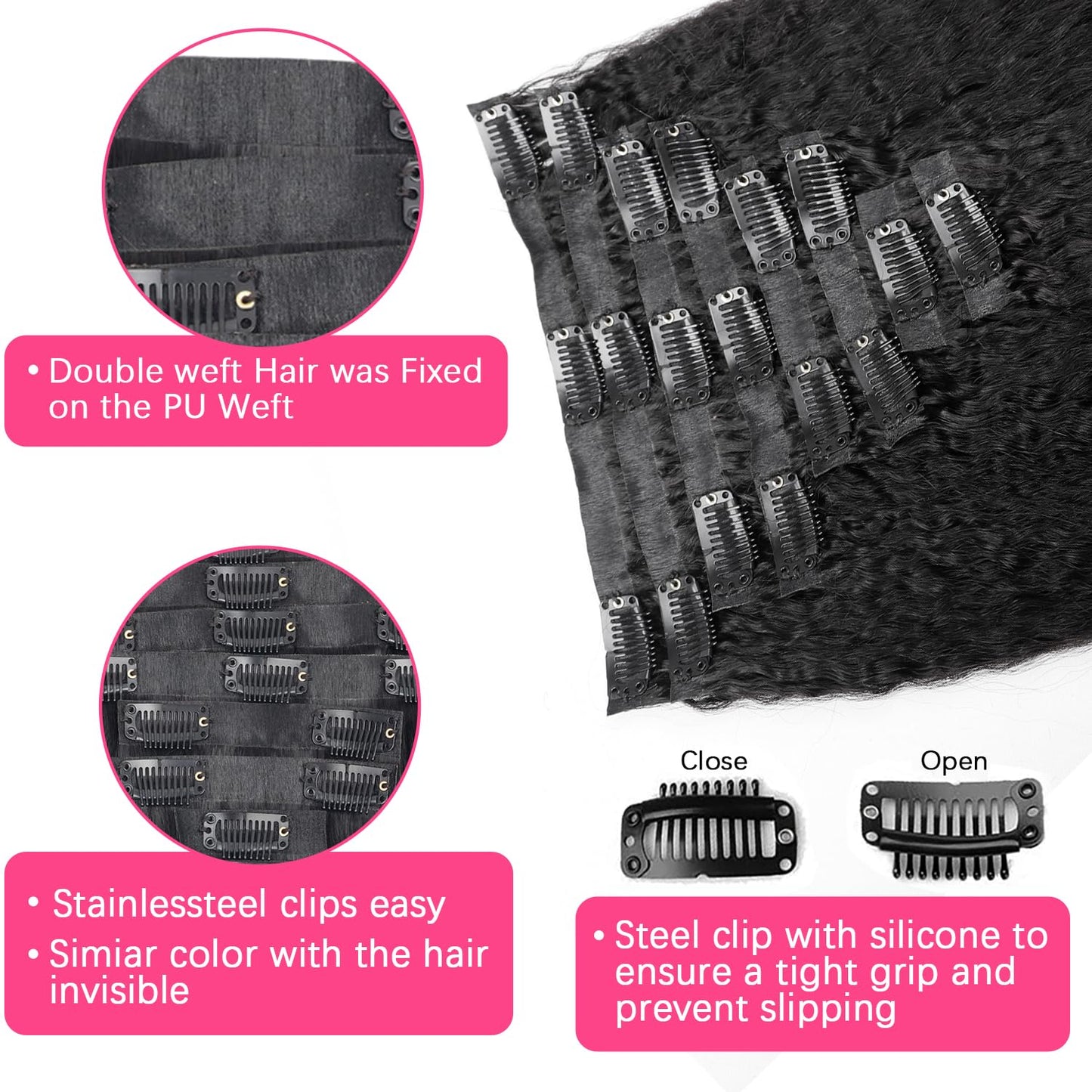 Mihugass Seamless Kinky Straight Clip In Hair Extensions Human Hair Natural Blend Kinky straight Clip Ins for Black Women Soft Full Volume Invisible Weft Not Flat 22 Inch 8Pcs 120g