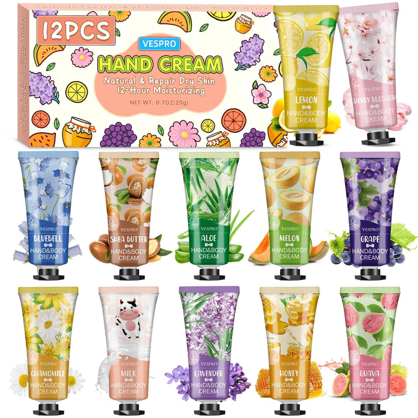 VESPRO 12 Pack Hand Cream Gift Set, Thank You Gifts, Bulk Hand Lotion Travel Size for Dry Cracked Hands, Mini Moisturizing Hand Lotion for Party Favors, Teacher Gifts and Birthday Gifts
