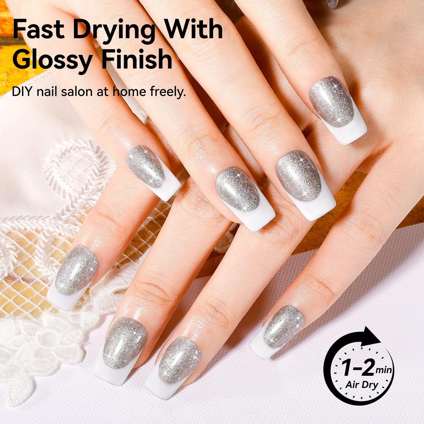 Nailshion Silver Sparkle Nail Polish Castor Oil-Based Glitter Rainbow Sparkly Regular Nail Polish, Fast Air Dry Steak-free Nail Lacquer Vegan Toe Fingernail Polish Nails Art DIY Home