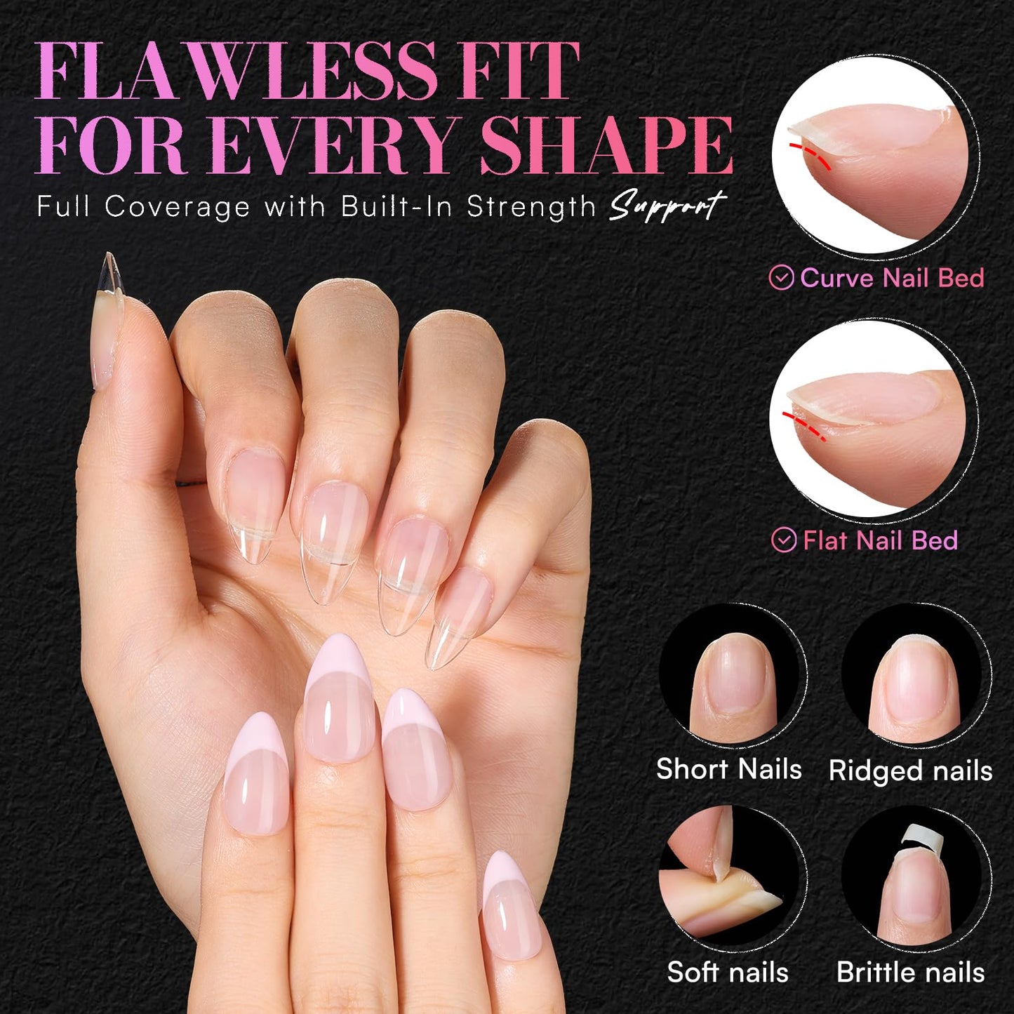 Makartt Short Almond Nail Tips: 504PCS Pre Etched Clear False Nails Tips Almond Shapes, 15 Sizes Full Cover Half Matte Soft Acrylic Press On Nail Extensions Supplies Salon and DIY at Home
