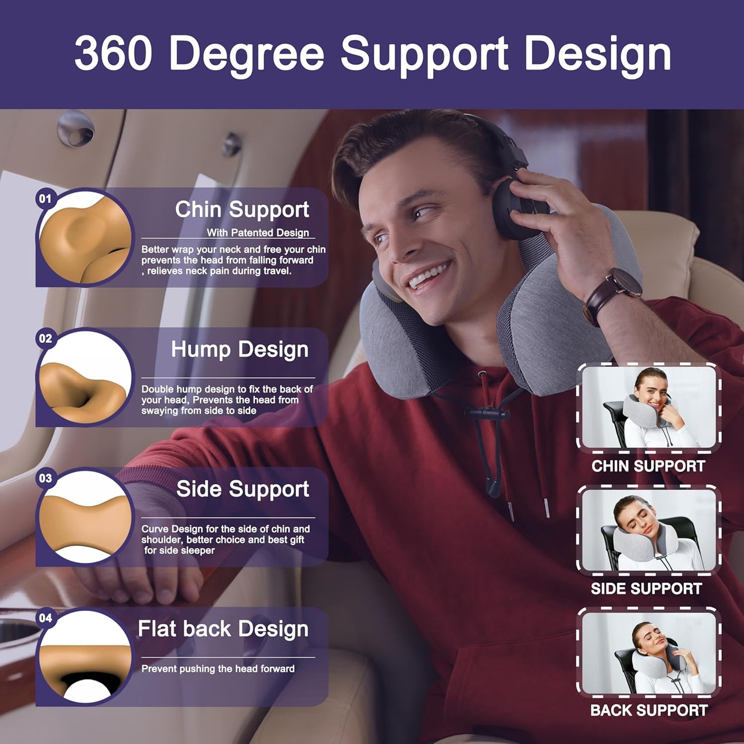 Napfun Travel Neck Pillow - Upgraded 100% Pure Memory Foam | Light Grey Comfort for Airplane Sleep