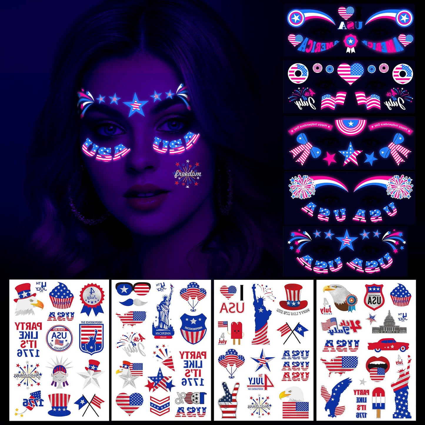 HOWAF 4th of July Temporary Tattoos-5 Sheets Glow Independence Day Face Tattoo 50+pcs Giltter USA Patriotic Tattoos Stickers, American Flag Red White Blue Tattoos Stickers for Face Body Decor
