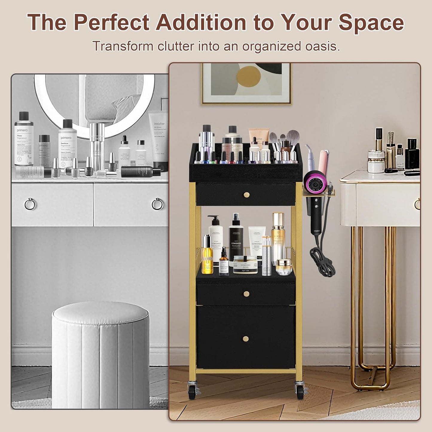 Makeup Organizer Cart - Rolling Vanity Storage with 3 Drawers & Detachable Hair Tool Holder | Gold & Black