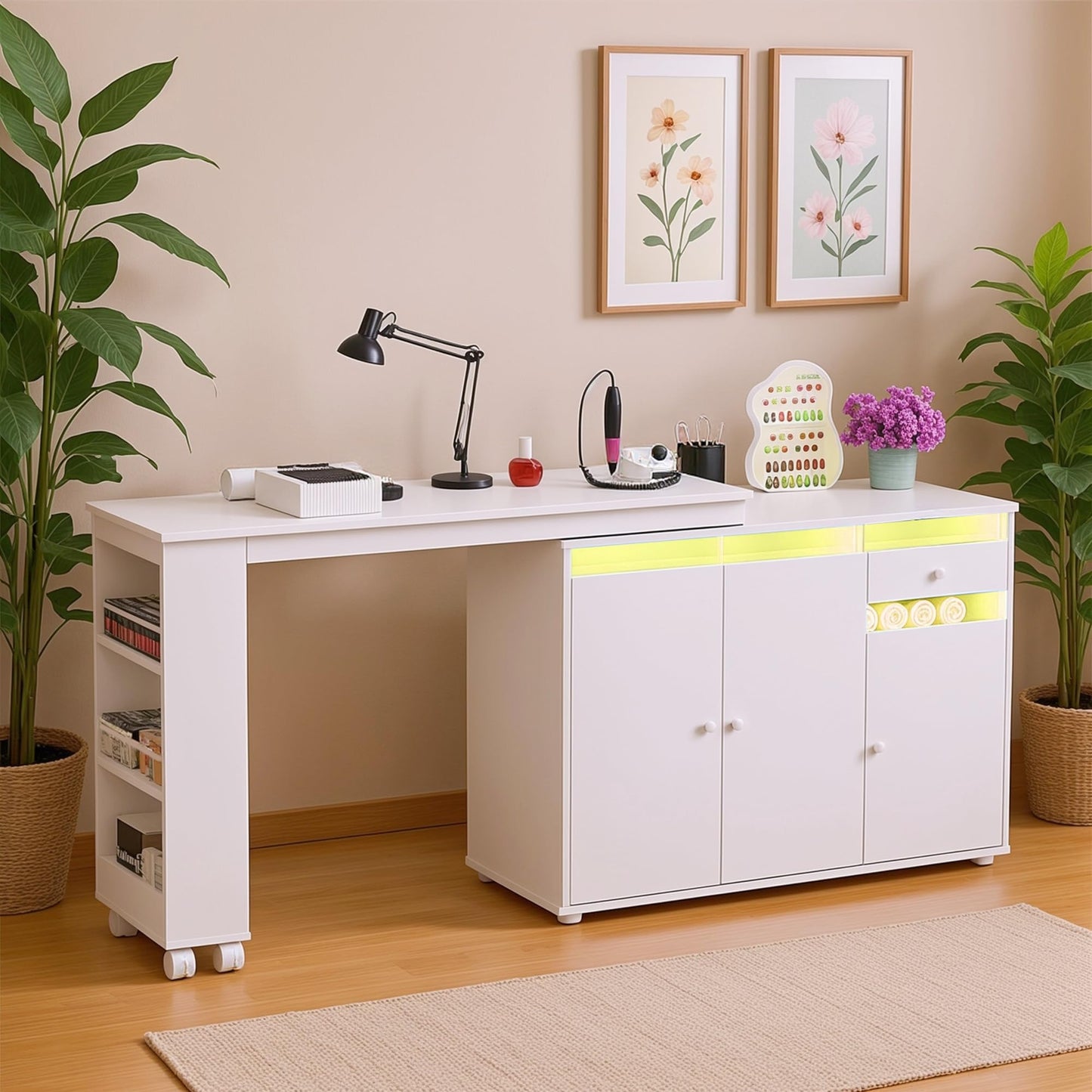 HolaiNail L-Shaped Manicure Table with Dust Collector, Nail Tech Desk with Storage Cabinet, Drawer, Rotating & Convertible Nail Workstation with LED Light, White