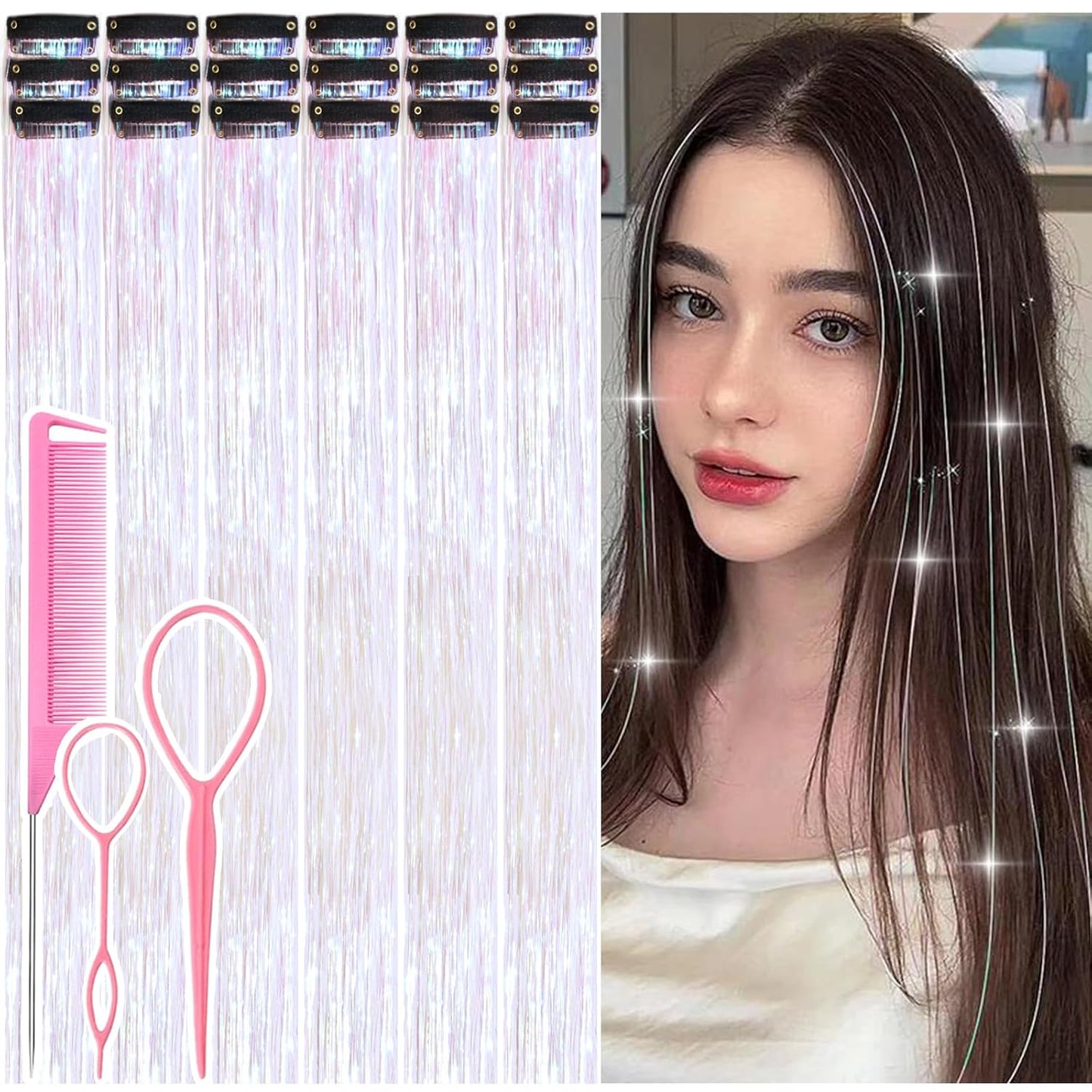Hair Tinsel Kit - 12 Pcs Colorful Glitter Clip-In Extensions | 24 Inch for Girls, Women & Kids