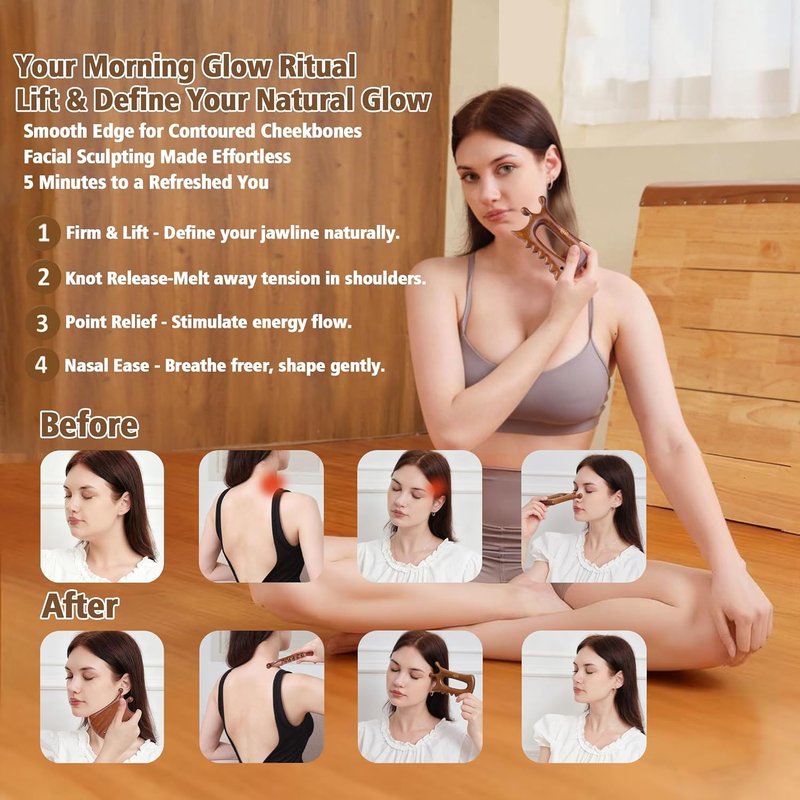 Wooden Gua Sha Massage Tool - Dual Trigger Point Acupressure Massager for Face & Body | Ergonomic Grip for Jawline & Neck Relief