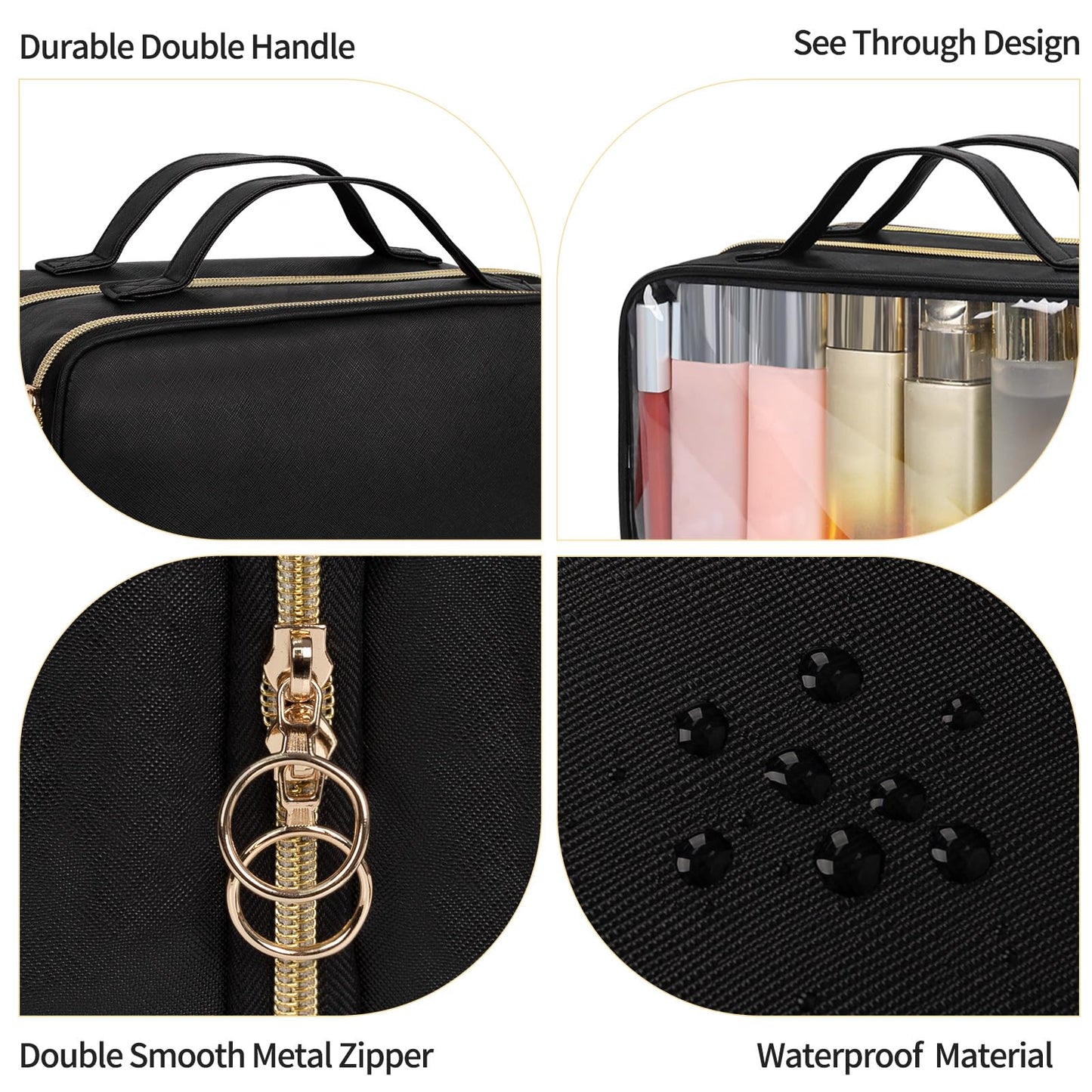 OCHEAL Travel Toiletry Bag, Double Layer Clear Makeup Bag Organizer Large Capacity Cosmetic Bag for Traveling Women Beauty Essentials, Multiple Compartments Makeup Case- Black